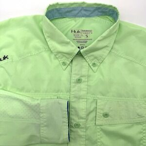 HUK Performance Men's Long Sleeve Fishing Solid Neon Green S Button‎ Down *READ*